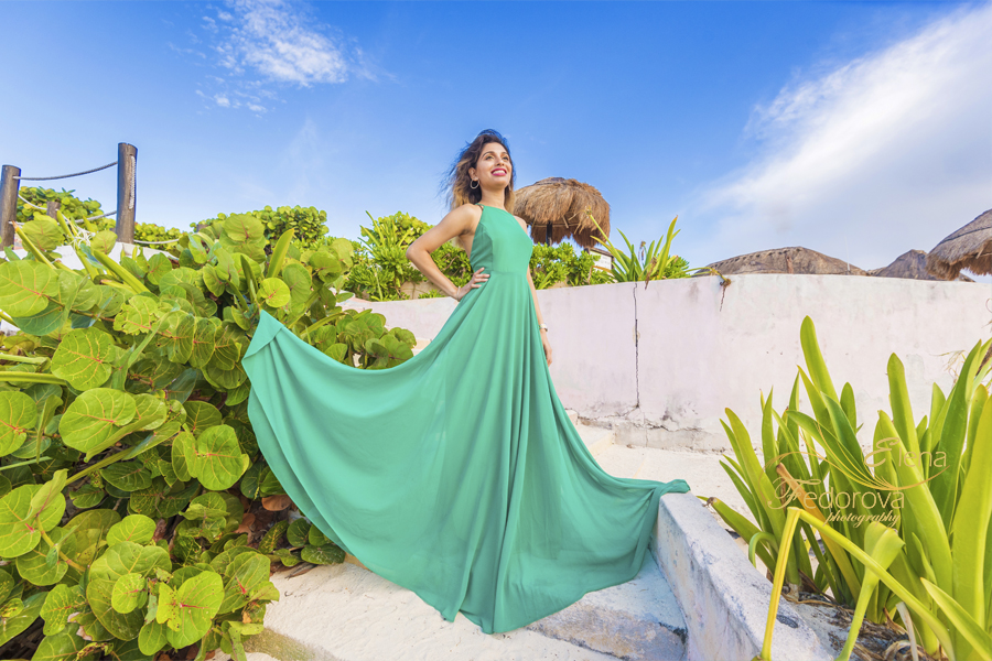 beach photo session in green dress