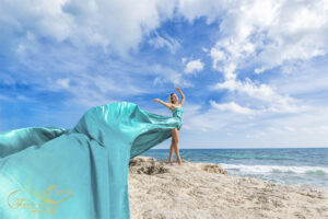 fashion photo shoot green dress with train